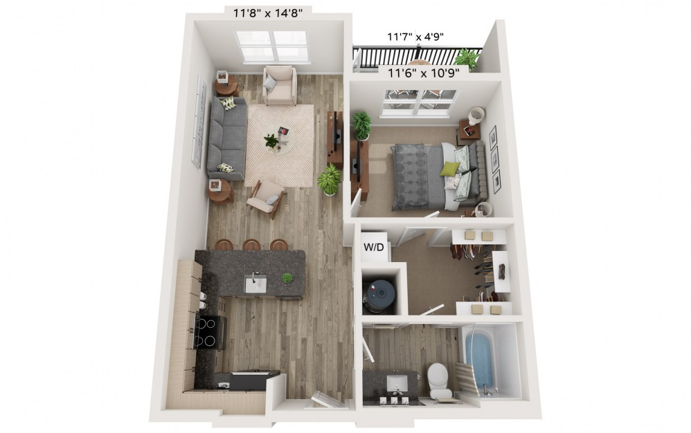 A1 - 1 bedroom floorplan layout with 1 bath and 718 square feet.