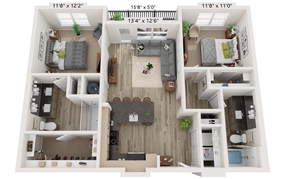 B1 - 2 bedroom floorplan layout with 2 baths and 1027 square feet.
