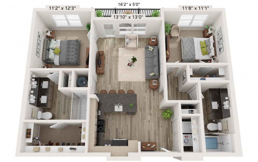 B2 - 2 bedroom floorplan layout with 2 baths and 1043 square feet.