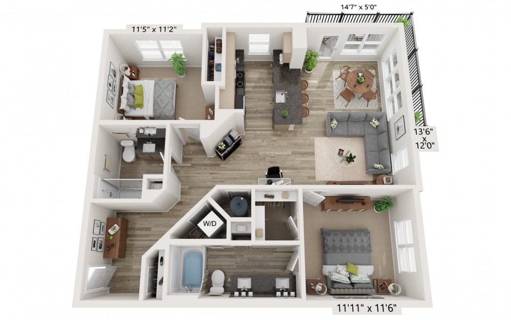 B3 - 2 bedroom floorplan layout with 2 baths and 1043 to 1144 square feet.