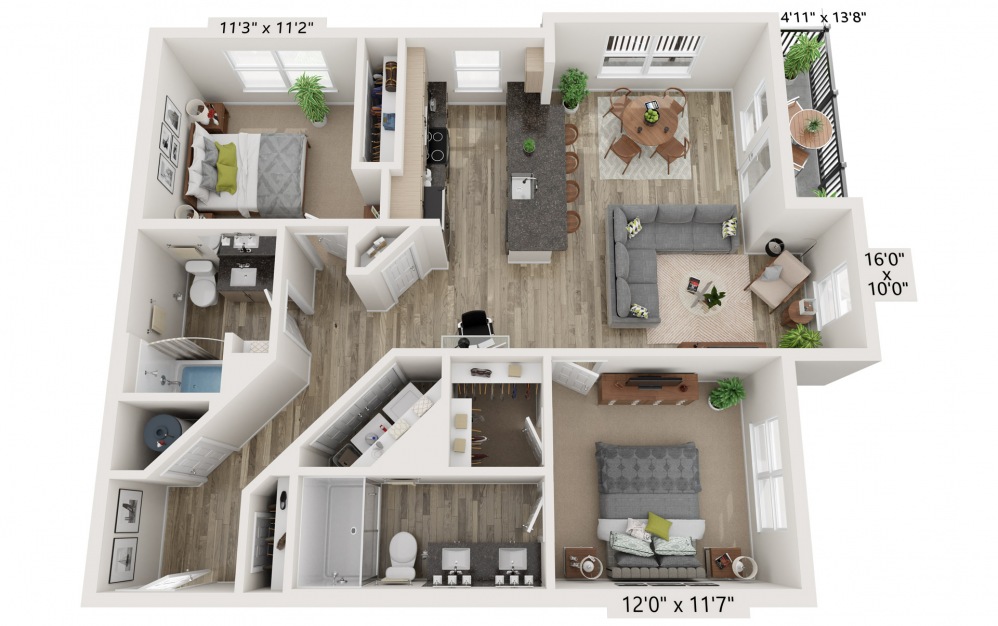 B4 - 2 bedroom floorplan layout with 2 baths and 1151 to 1186 square feet.