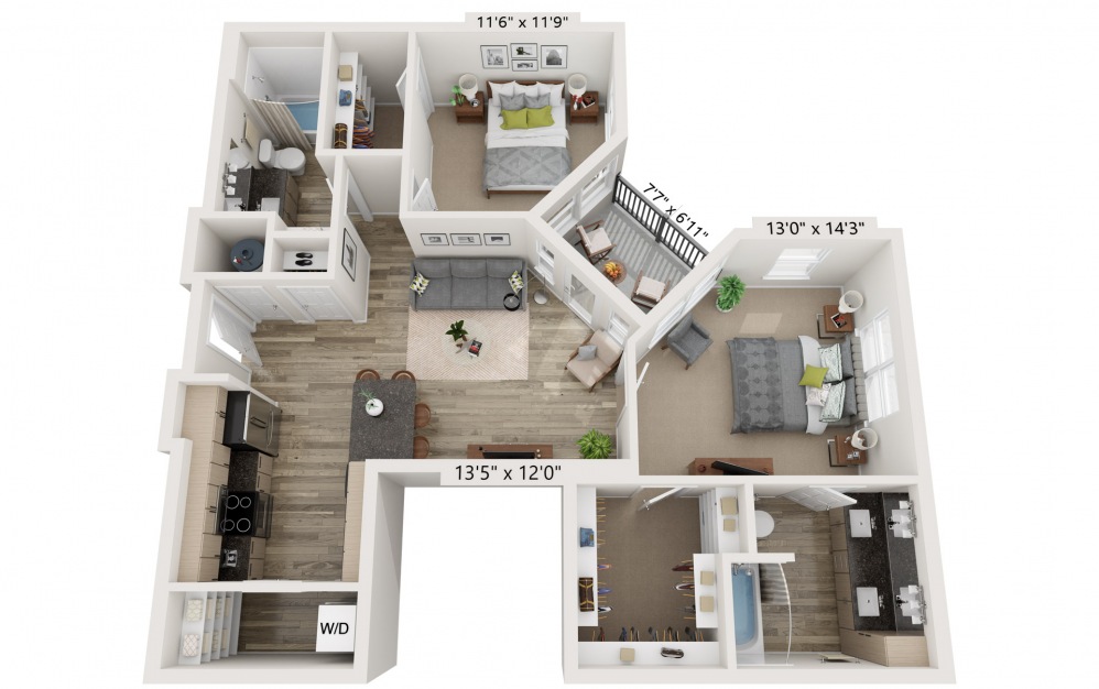 B5 - 2 bedroom floorplan layout with 2 baths and 1037 square feet.