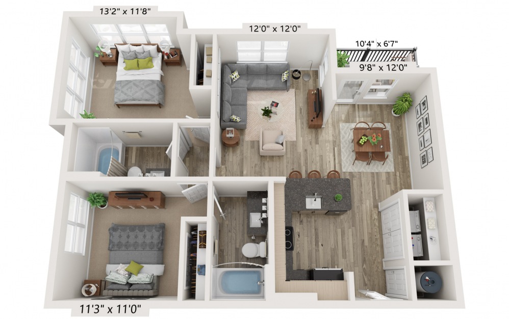 B6 - 2 bedroom floorplan layout with 2 baths and 1084 to 1108 square feet.