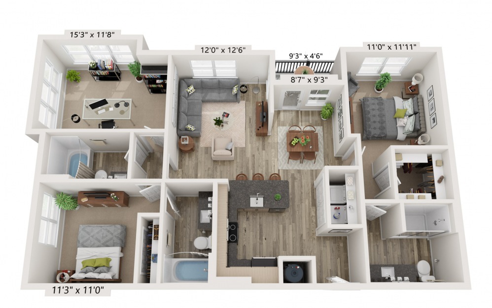 B7 - 2 bedroom floorplan layout with 3 baths and 1256 to 1299 square feet.