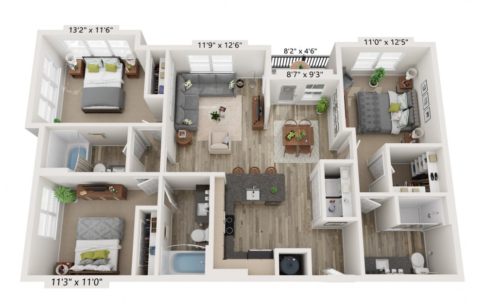 C1 - 3 bedroom floorplan layout with 3 baths and 1369 to 1394 square feet.