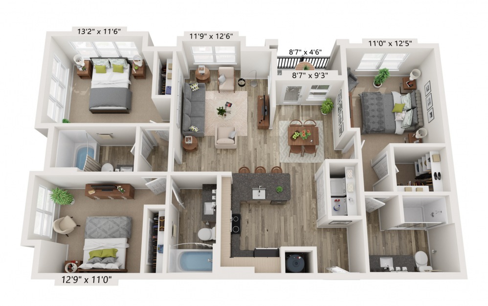 C1- Alt - 3 bedroom floorplan layout with 3 baths and 1324 square feet.