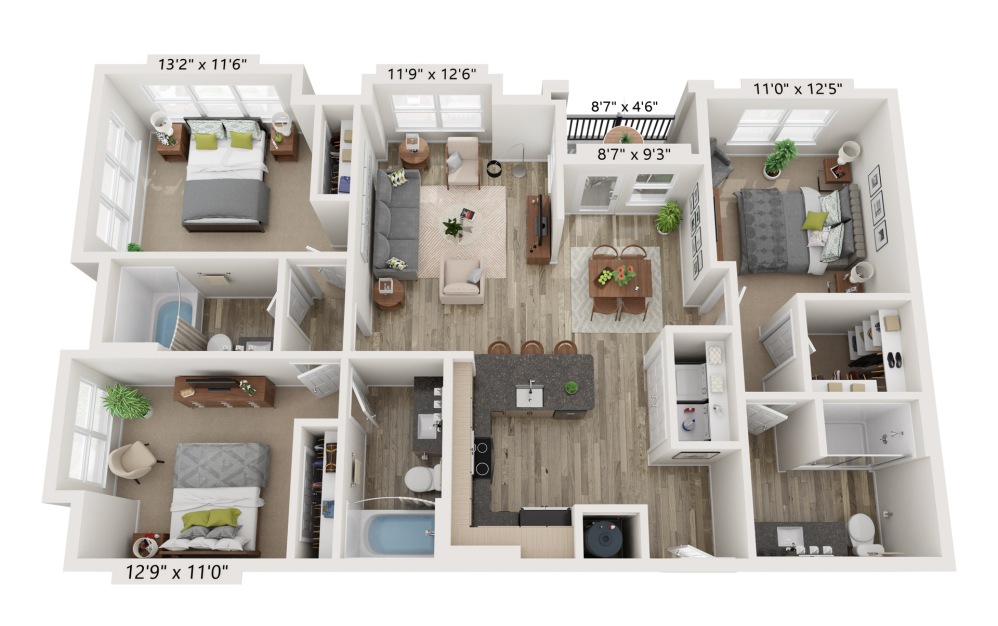 C1- Alt - 3 bedroom floorplan layout with 3 bathrooms and 1324 square feet